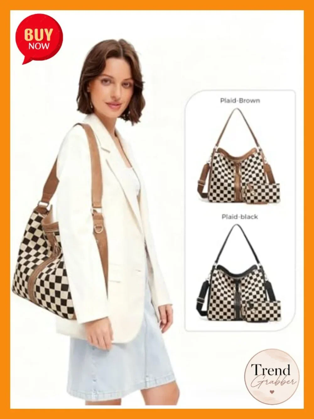 PU Leather Canvas Checkered Hobo Handbag Crossbody Tote Shoulder Bag